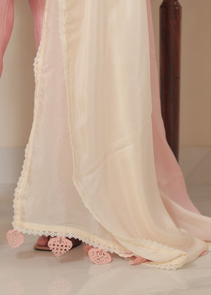 Rosy Whisper – embroidered pink khadi silk shirt and pants with optional ivory silk dupatta trimmed in lace