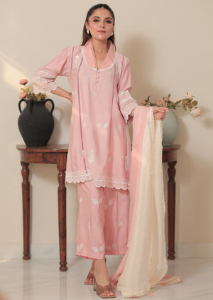 Soft pink khadi silk formal wear set with white floral embroidery, scalloped borders, and a dyed silk dupatta option