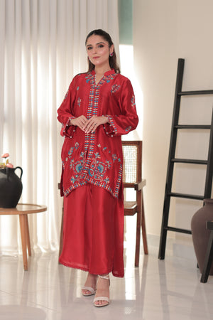 Red embroidered Sheesha silk shirt with matching wide-leg pants and optional organza or silk dupatta with tassels