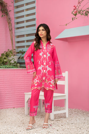 Fuchsia Grace two-piece summer outfit in bright pink with floral digital print