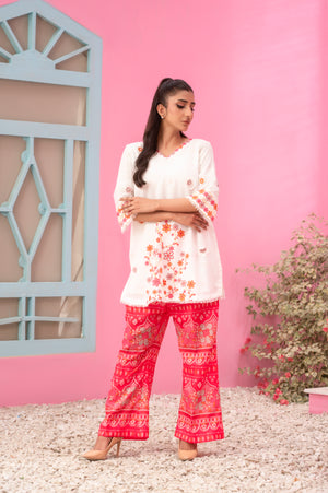 Cherry Blossom Pop two-piece summer outfit with white kurta and red printed trousers