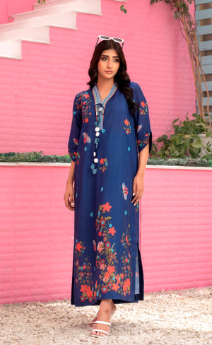 Twilight Flora navy blue summer dress with floral and butterfly digital print design