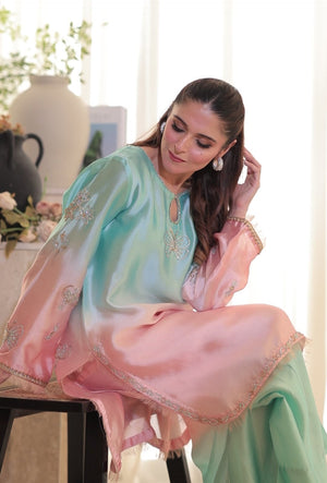 Pastel pink and mint green ombré Sheesha silk outfit with hand embroidery on front and back, worn with wide-leg pants