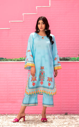 Butterfly Breeze sky blue two-piece summer outfit with digital print and detailing