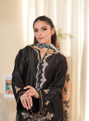 Elegant black Sheesha silk shirt and pant set with intricate embroidery and optional tie & dye silk dupatta