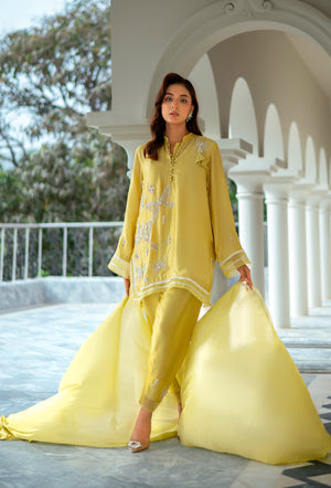 3-piece pastel yellow Sheesha silk outfit with intricate hand embroidery, dyed silk dupatta, and handmade tassels