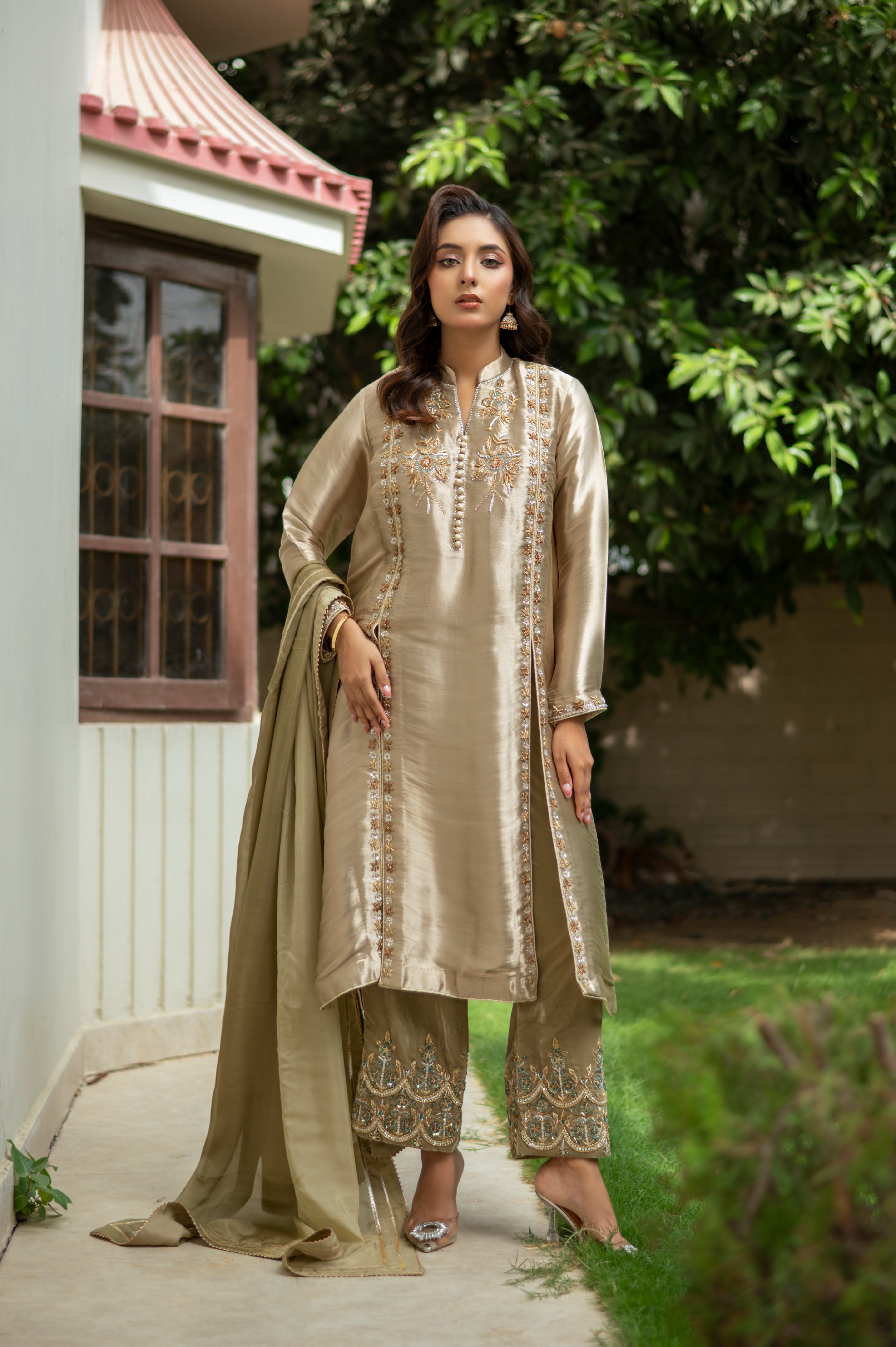 Aurum luxury outfit with hand-embroidered lama silk shirt, velvet pants, and pure silk dupatta with gota