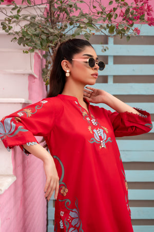 Digital printed summer set in bold red with stylish detailing on sleeves and hem