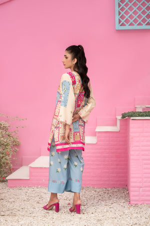 Stylish multicolor printed kurta and blue trousers with floral motifs