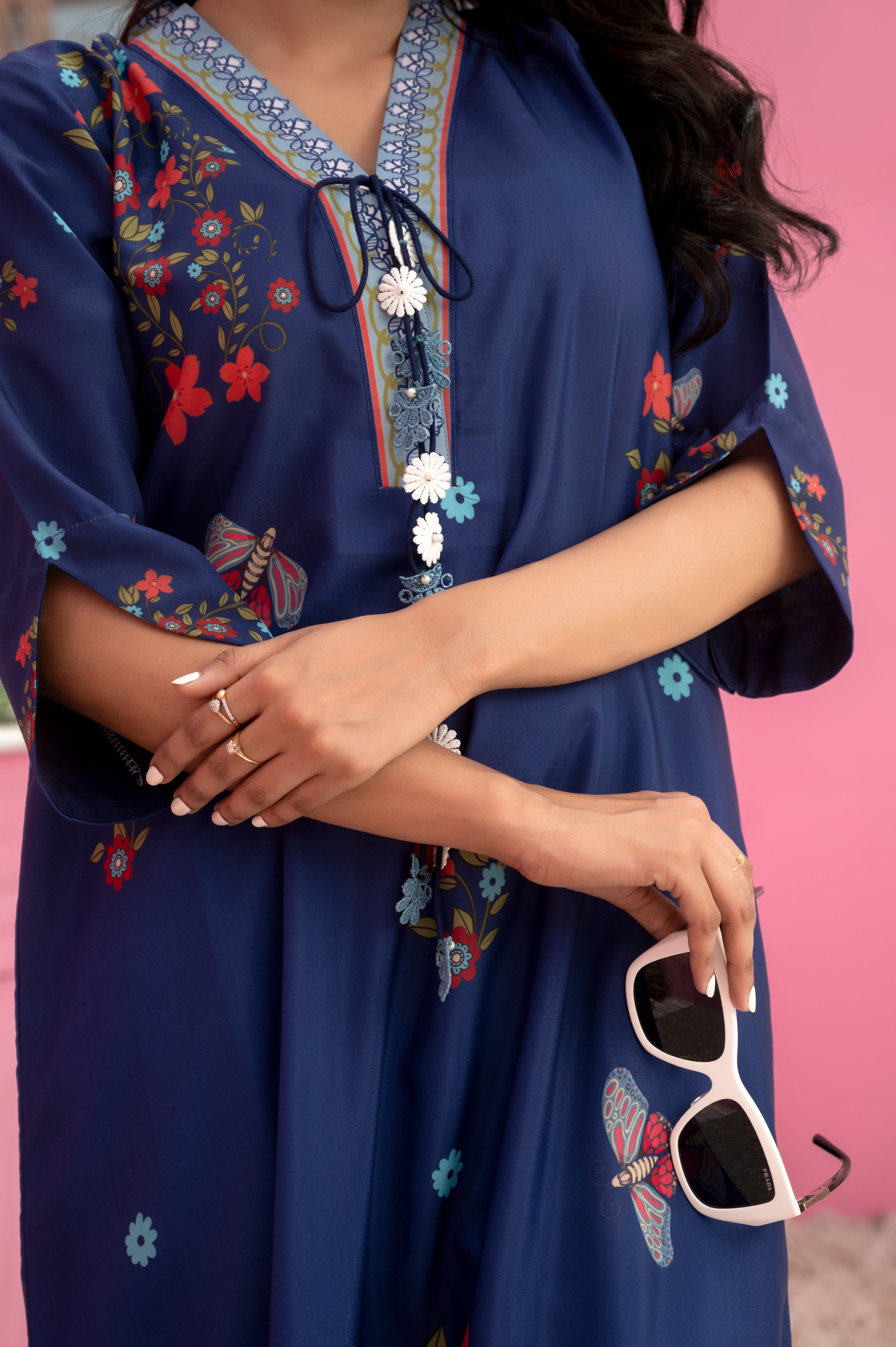 Breathable summer fabric kaftan in deep blue with vibrant floral patterns