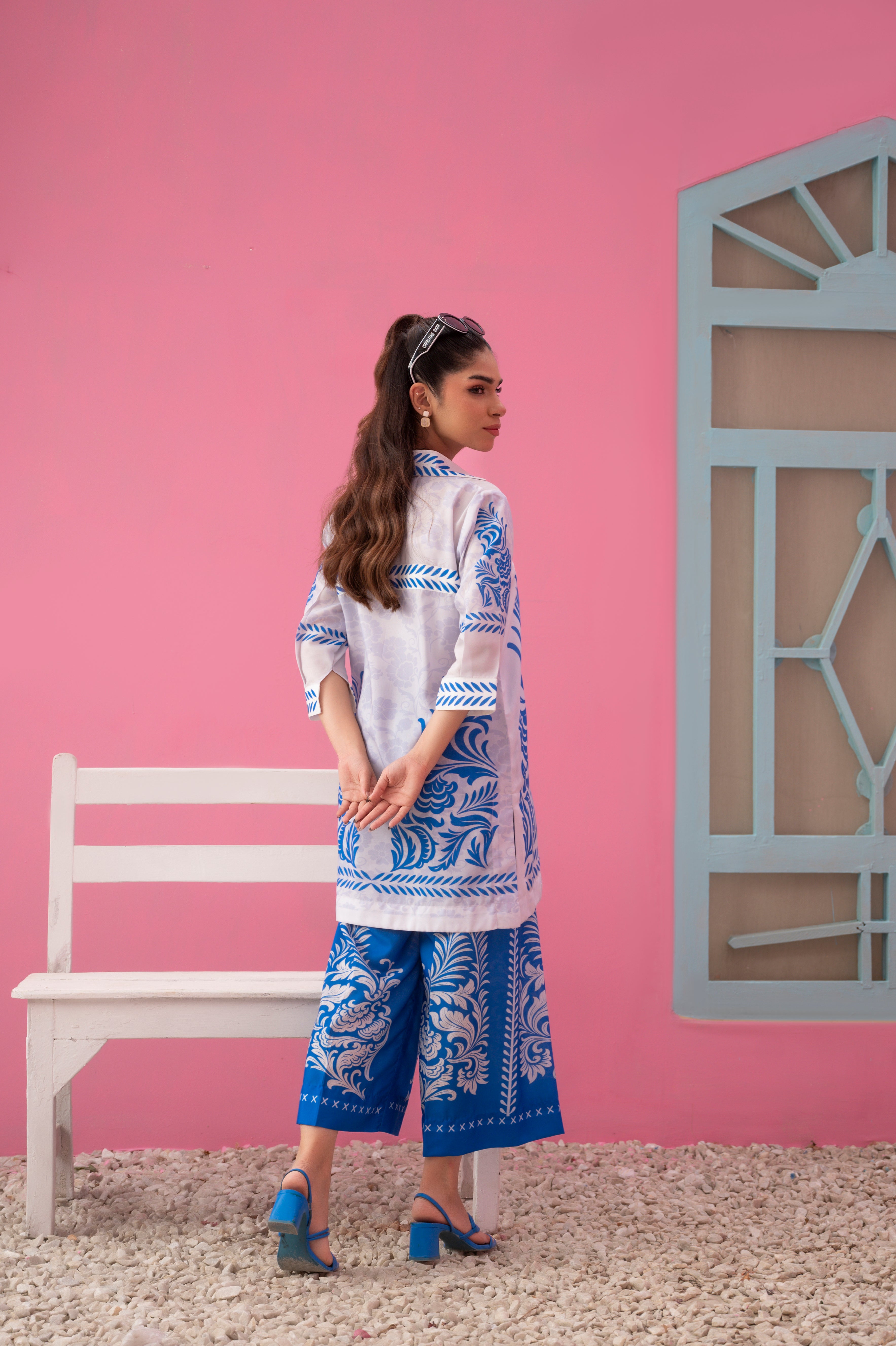 Breathable summer fabric in striking blue and white with intricate detailing