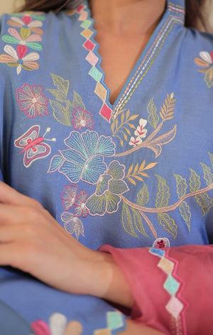 2 or 3-piece khadi silk suit in denim blue with floral hand embroidery, scalloped edges, and pink embroidered organza dupatta