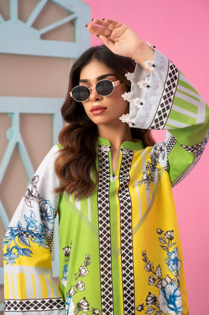Citrus Bloom two-piece summer outfit in yellow and green with floral digital print