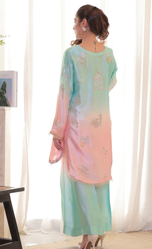 Fairy Dust designer outfit in two-tone Sheesha silk with delicate front and back embroidery, paired with gradient flared trousers