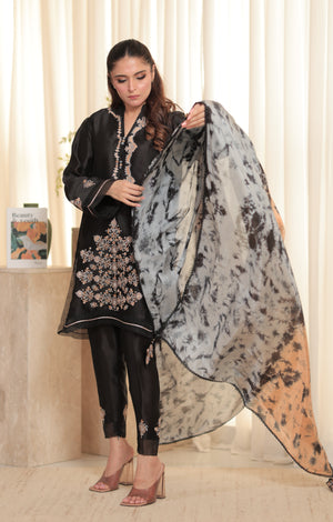 Midnight outfit in pure Sheesha silk with delicate threadwork on shirt, sleeves, and pants, styled with tie-dye dupatta