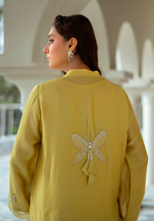 Lime Luxe embroidered Sheesha silk shirt and trousers in citrus yellow with organza-detailed dupatta and delicate goti embellishments