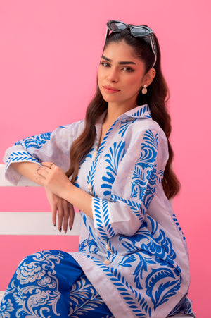 Digital printed kurta and wide-leg trousers in vibrant ocean-inspired patterns