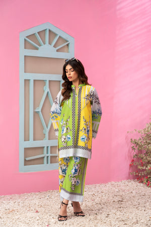 Breathable summer fabric with vibrant citrus tones and floral detailing