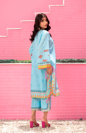 Digital printed summer wear in aqua blue with colorful border and sleeve designs