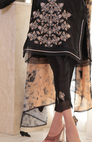 2 or 3-piece black Sheesha silk formal outfit with embroidered motifs and dyed silk dupatta with lace edging