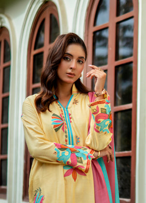 Mango Sorbet – festive embroidered khaddi silk outfit with colorful motifs and pastel silk dupatta for summer occasions