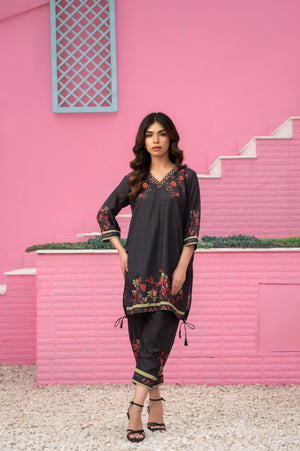 Berry Noir two-piece black summer outfit with red floral digital print and detailing