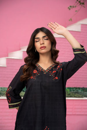 Elegant black kurta and trousers set with delicate berry-inspired digital prints