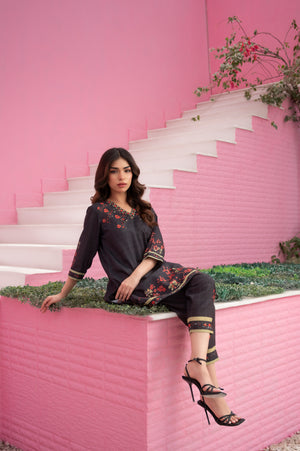 Digital printed black summer wear with floral detailing on sleeves and hem