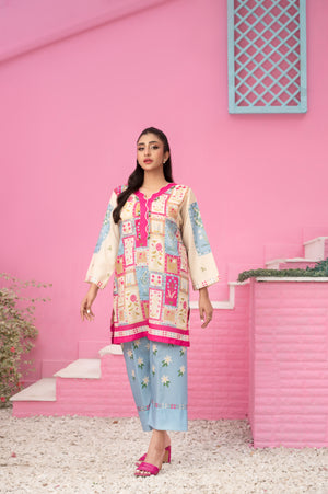 Digital printed summer wear in vibrant magenta and pastel shades with intricate design