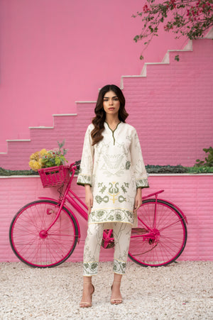 Olive Whisper white two-piece summer outfit with olive green digital print and detailing