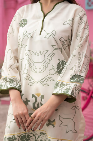 Breathable white summer fabric with intricate olive green patterns and stylish design