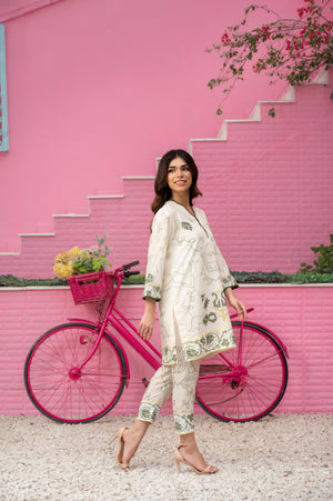 Elegant white kurta and trousers set with olive green motifs in digital print