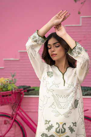 Lightweight white summer wear with olive green detailing and comfortable fit