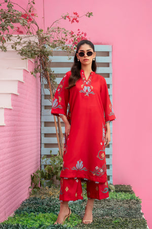 Rouge Charm red two-piece summer outfit with floral digital print and detailing