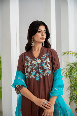 Mocha brown khaadi silk shirt with aqua blue hand embroidery and organza dupatta