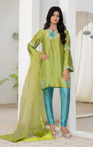 Model wearing Aqua Lime Charm outfit in lime green Sheesha silk with aqua straight pants, hand embroidery, lace detailing, and organza dupatta with goti work