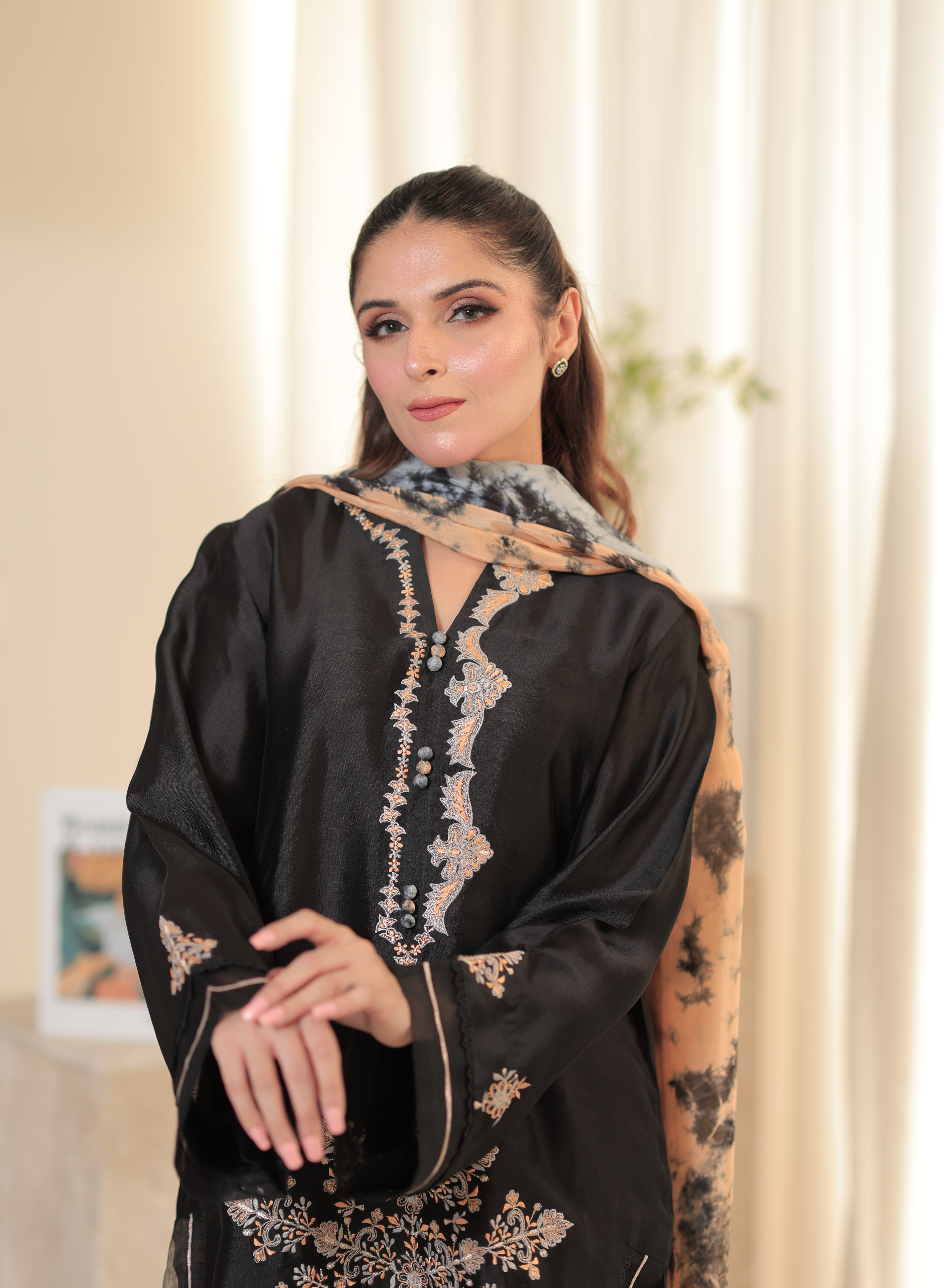 Elegant black Sheesha silk shirt and pant set with intricate embroidery and optional tie & dye silk dupatta