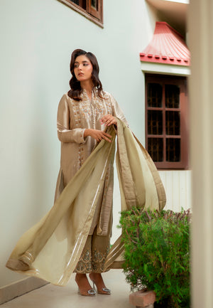 Designer Pakistani outfit with embroidered lama silk shirt, velvet trousers, and silk dupatta