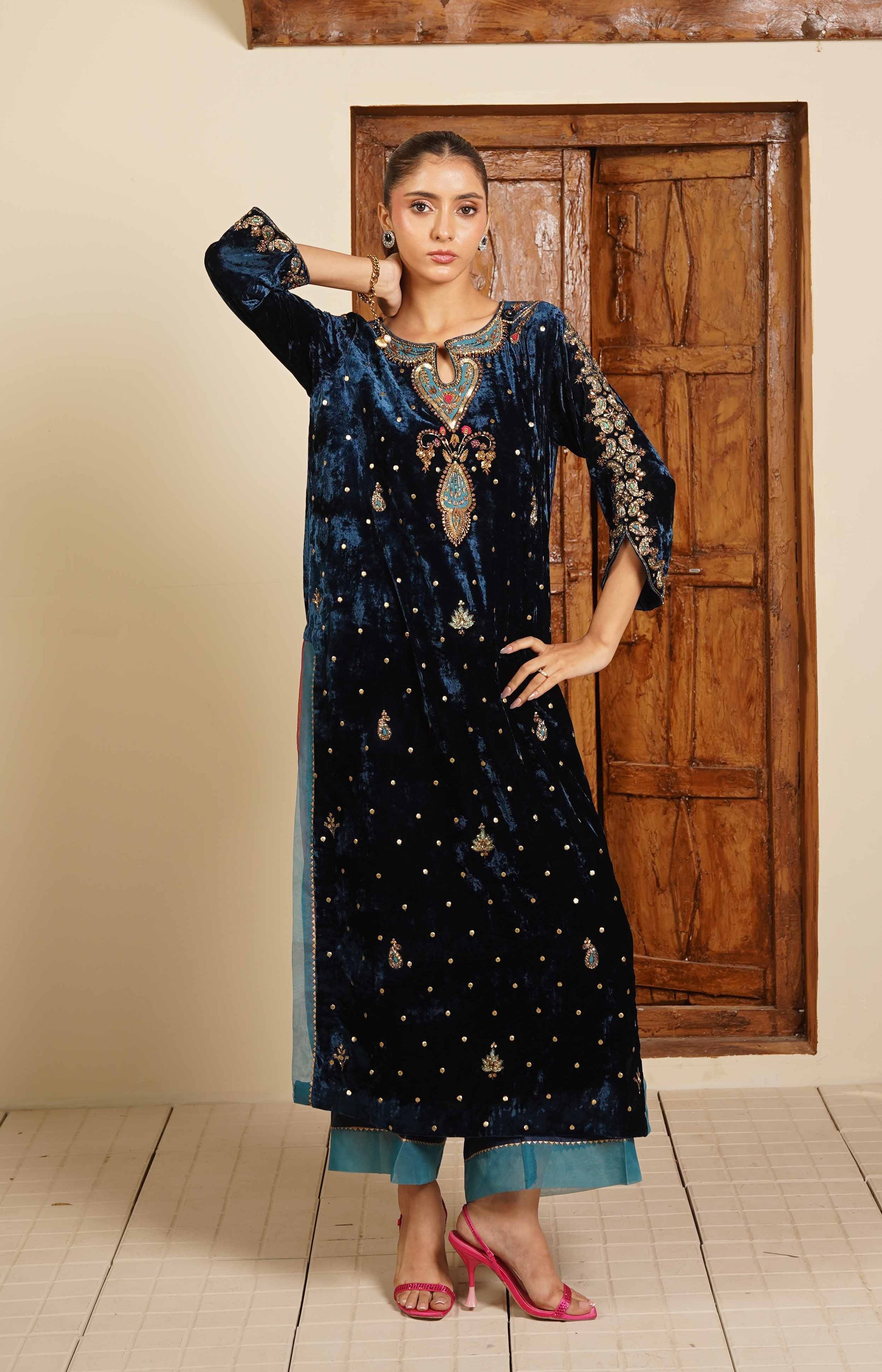 Cosmic Glitter – Luxury Velvet & Sheesha Silk Ensemble
